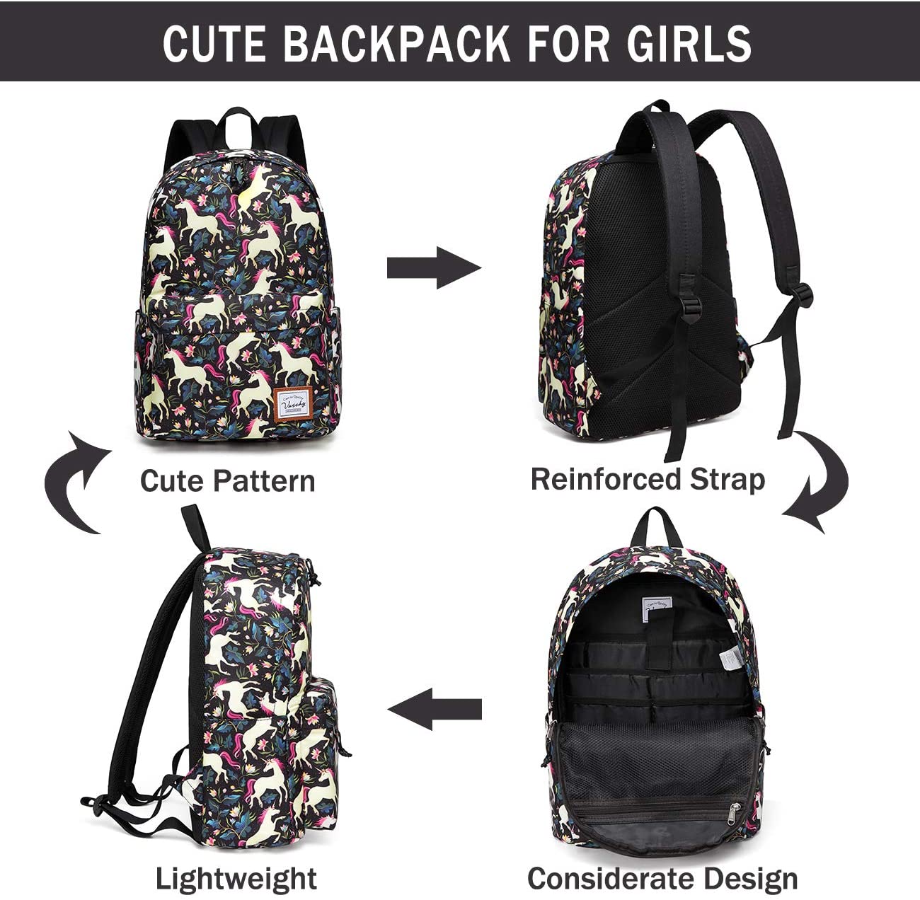 Vaschy Teen Girl School Backpack - Black Unicorn