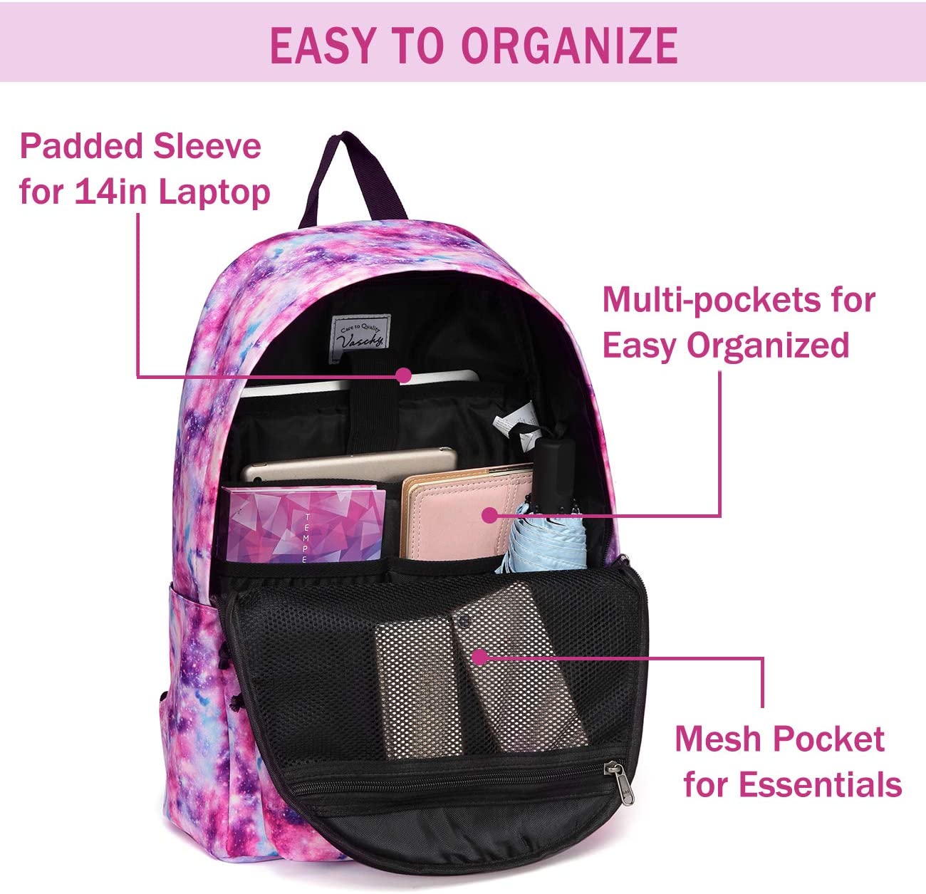 Vaschy Teen Girl School Backpack - Pink Galaxy