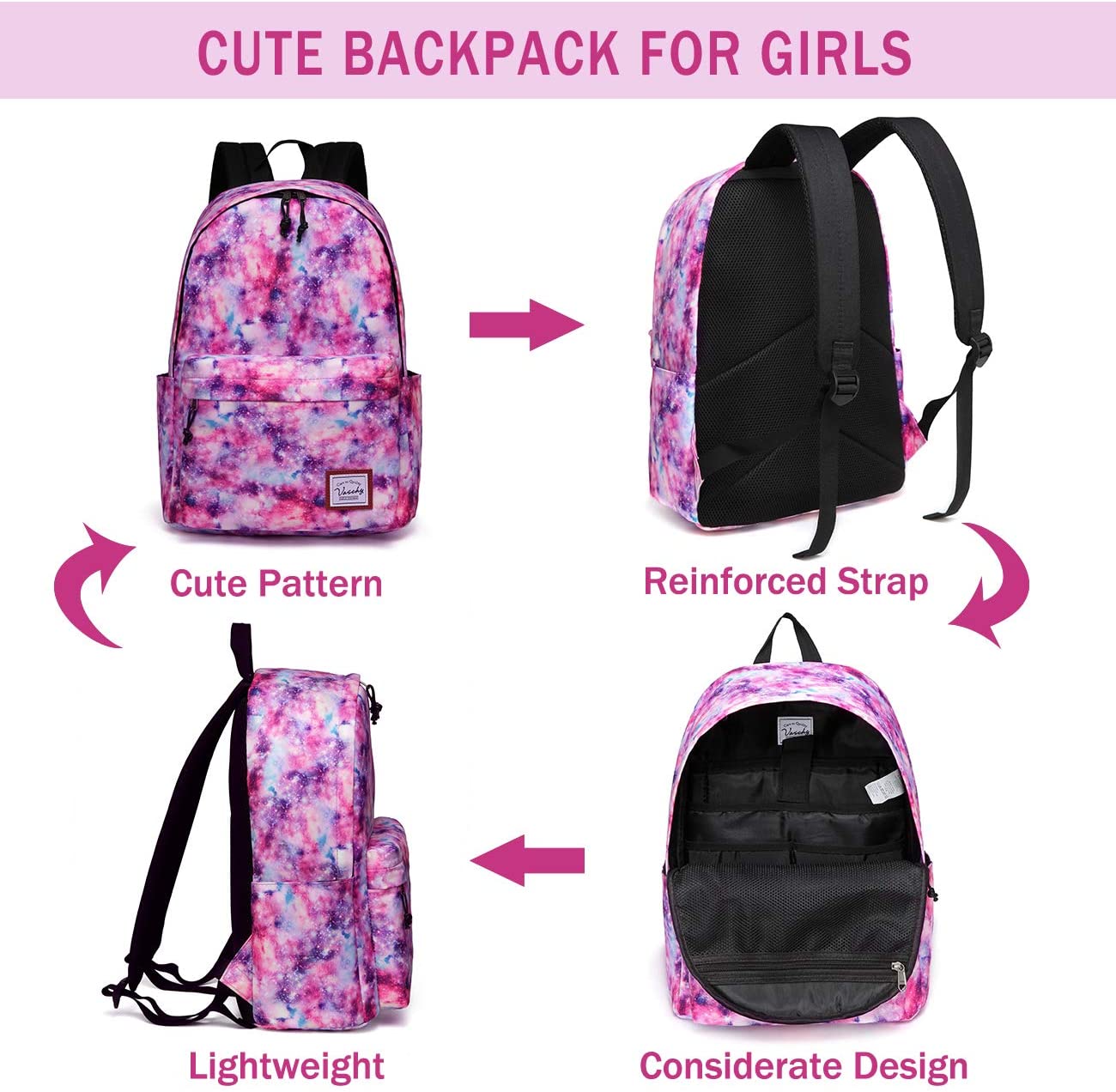Vaschy Teen Girl School Backpack - Pink Galaxy