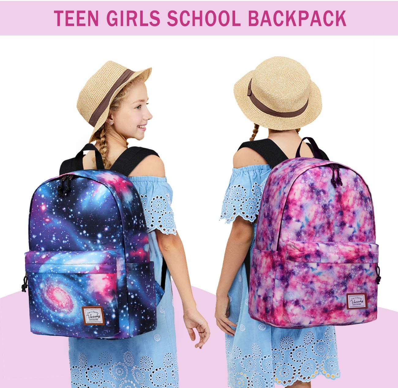 Vaschy Teen Girl School Backpack - Pink Galaxy