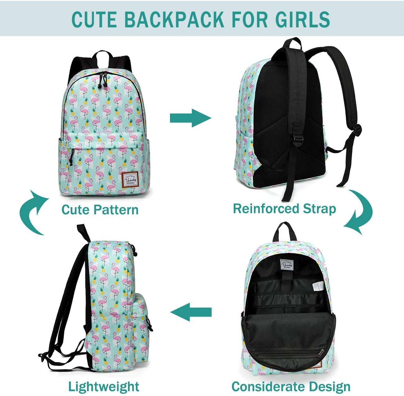 Vaschy Teen Girl School Backpack - Flamingos