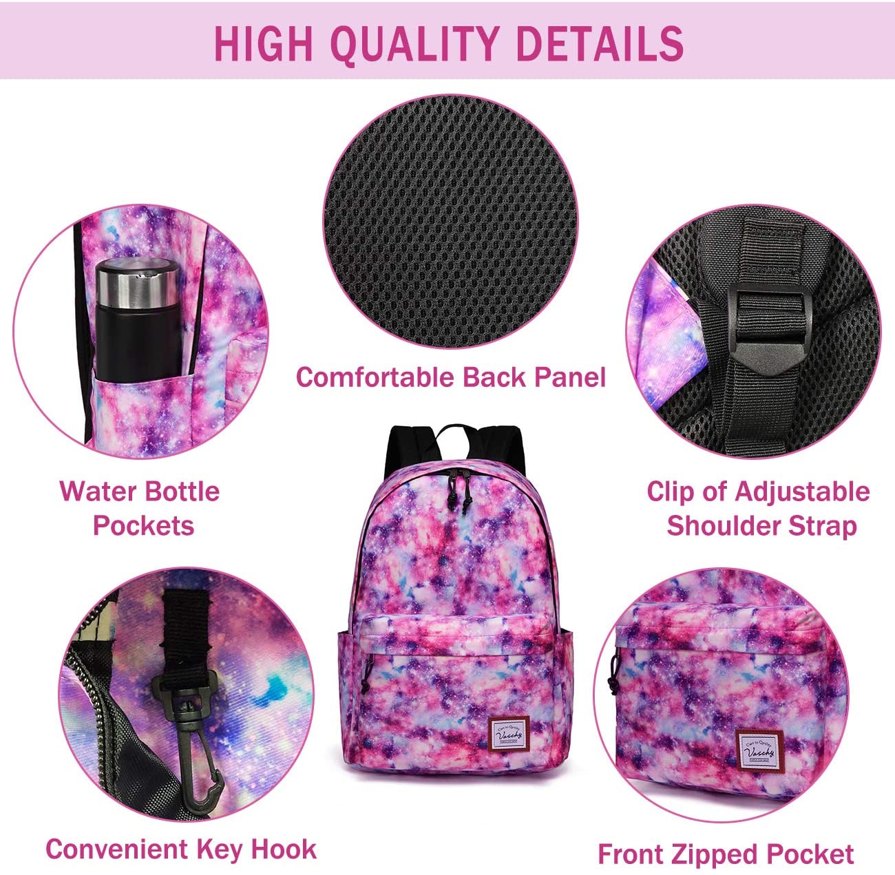 Vaschy Teen Girl School Backpack - Pink Galaxy