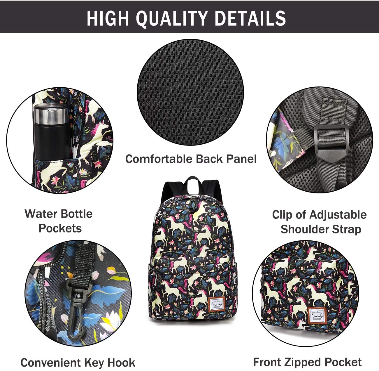 Vaschy Teen Girl School Backpack - Black Unicorn